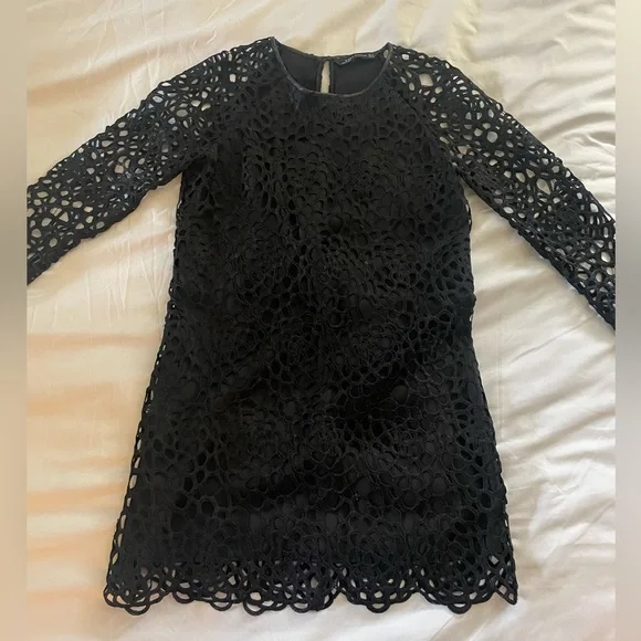 Zara | Dresses | Zara Black Lace Mini See Through Sleeve Leather Neckline |  Poshmark